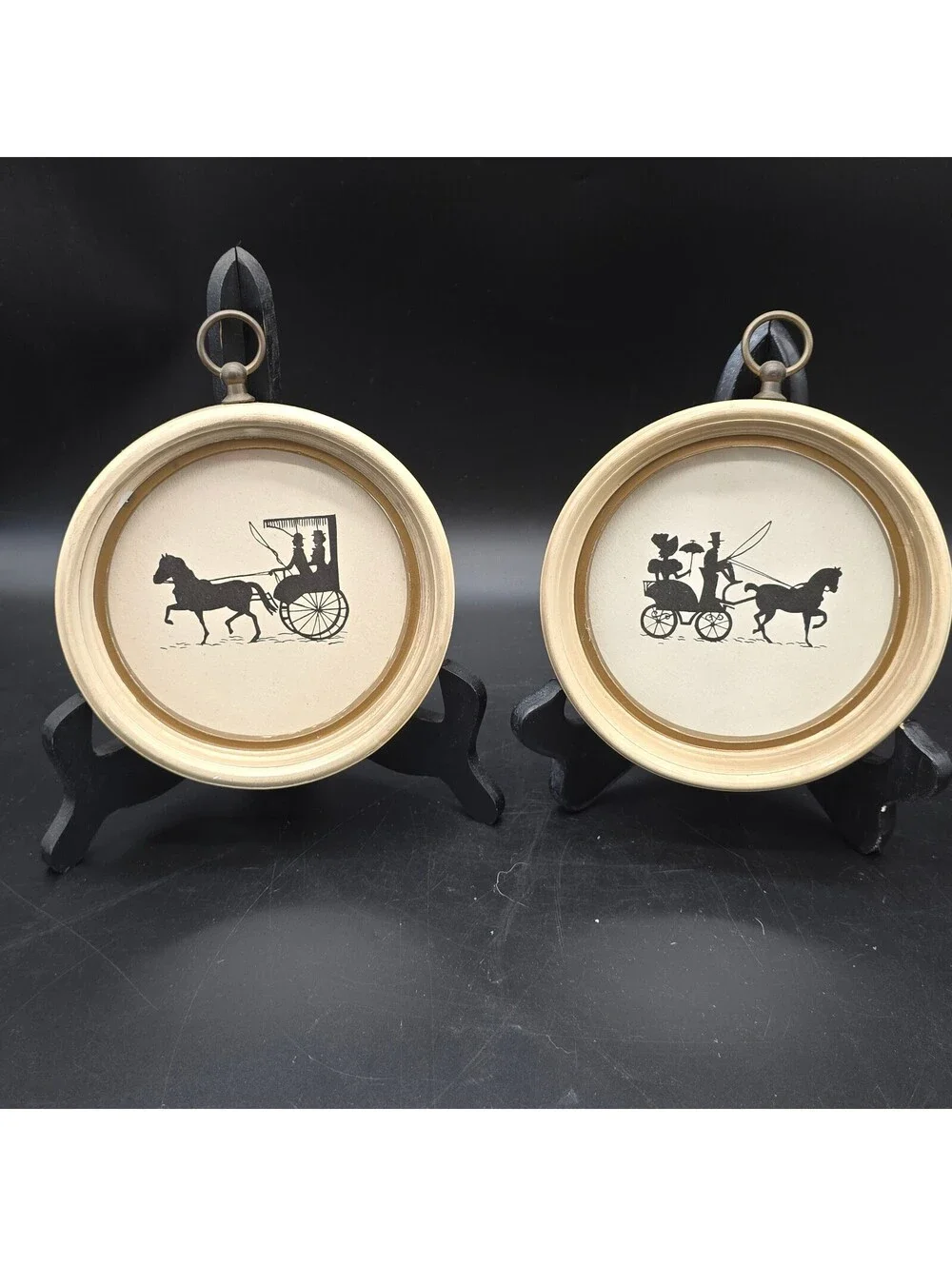 Vintage Mid Century Horse & Carriage Silhouette Art Pair Round Frames Wall Decor